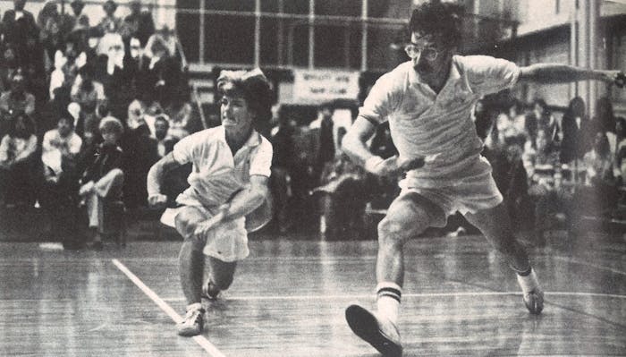 1980 U.S. mixed doubles champions Judianne Kelly and Mike Walker show the intensity needed in competitive indoor badminton.