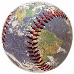 Photo of the earth superimposed onto a baseball