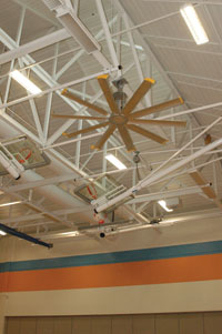 Photo of a sensor-controlled gymnasium ceiling fan at Cincinnati's Midway School