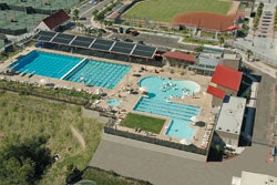 Photo of solar panels installed above the San Diego State University's Aztec AquaPlex