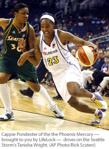 Photo of Cappie Pondexter of the Phoenix Mercury wearing a LifeLock sponsored jersey