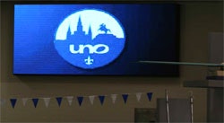 Photo of the new video scoreboard at the University of New Orleans Lakefront Aquatic Center
