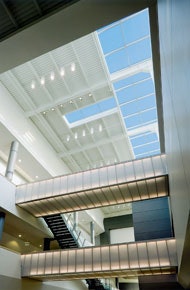 Photo of the illuminated walkway in the Student Recreation Center at the University of Illinois at Chicago