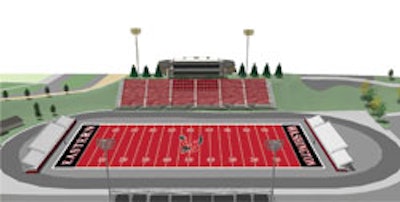Rendering of Eastern Washington University's Woodward Field with red synthetic turf