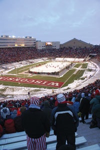 WINTER 'CAMP' February hockey could be accommodated in the University of Wisconsin's football venue only after pipes were insulated and restrooms brought back online.