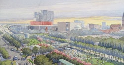Rendering of a park to be built on a deck structure above Dallas' Woodall Rodgers Freeway