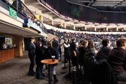 A lounge open to the seating bowl at the MTS Centre in Winnipeg, Man., is a special location that lacks the glitz associated with high-end luxury suites. (Photo by Mike Harvey, courtesy of Sink Combs Dethlefs)