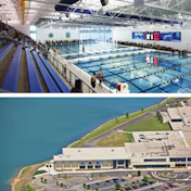Kiosks along a lakeside path explain the geothermal technology that heats pool water and controls air temperature in the new RecPlex Aqua Arena. (Photos courtesy of Partners in Design Architects)