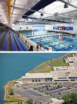 Kiosks along a lakeside path explain the geothermal technology that heats pool water and controls air temperature in the new RecPlex Aqua Arena. (Photos courtesy of Partners in Design Architects)