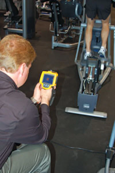 A thermal-imaging camera captures the amount of wasted energy generated by an elliptical user before the machine is retrofitted with ReRev equipment. (Photo courtesy of ReRev)