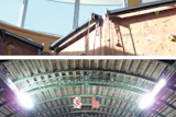 Air Pears can be dangled above climbing walls, like this one at the Longmont (Colo.) Recreation Center (top), or made to virtually disappear among catwalks, as is the case at the University of Maryland's Cole Field House. (Photos courtesy of Airius)