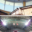 Air Pears can be dangled above climbing walls, like this one at the Longmont (Colo.) Recreation Center (top), or made to virtually disappear among catwalks, as is the case at the University of Maryland's Cole Field House. (Photos courtesy of Airius)