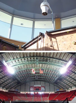 Air Pears can be dangled above climbing walls, like this one at the Longmont (Colo.) Recreation Center (top), or made to virtually disappear among catwalks, as is the case at the University of Maryland's Cole Field House. (Photos courtesy of Airius)