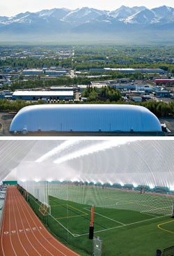 The 180,000-square-foot BEK Sportsplex in Anchorage houses a 400-meter track. (Photos courtesy of Yeadon Fabric Domes)