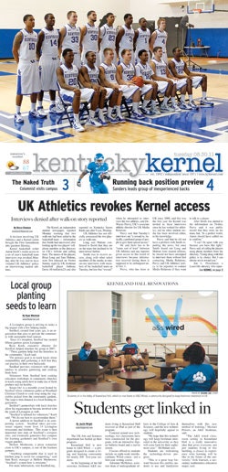 Denied the opportunity to cover a men's basketball media event, the Kentucky Kernel wrote instead about its run-in with the UK athletic department. (Team photo by Charles Bertram/Lexington Herald-Leader, Newspaper cover image courtesy of the Kentucky Kernel)