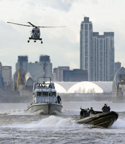 Security rehearsals for this summer's London Olympics began along the River Thames in January. (Photo Â© Ben Cawthra/London News Pictures/ZUMAPRESS.com)
