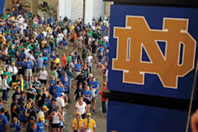 Severe weather in early September triggered the first-ever evacuation of Notre Dame Stadium's seating bowl, sending some fans to the concourses and others to a nearby arena - all according to plan. (Photo Â© AP Photo/Michael Conroy)