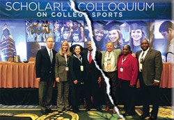 LAME DUCK SESSIONS The fate of the Scholarly Colloquium on Intercollegiate Athletics already sealed, Ellen Staurowsky (third from left) and Dave Wiggins (third from right) guided the 2013 programming in Dallas.