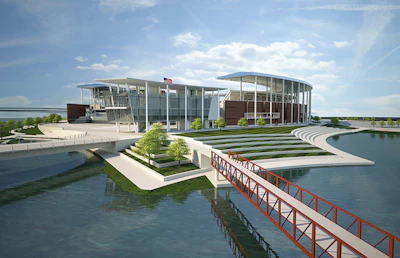 BEAR FEET A pedestrian bridge linking Baylor’s campus to its new stadium will help mitigate the number of onsite surface parking spaces.
