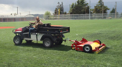 LEVEL PLAYING FIELDS Depending on time and resources, field owners might groom their turf before individual games or more extensively during periodic maintenance sessions.