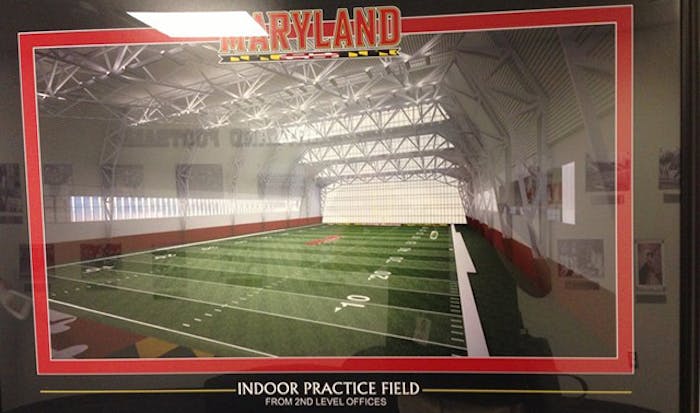 This photo of a rendering of an indoor practice facility was taken inside Maryland's Gossett Team House by Pete Volk of TestudoTimes.com.