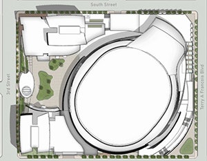 A sketch of the arena's earlier design that resembled a toilet.