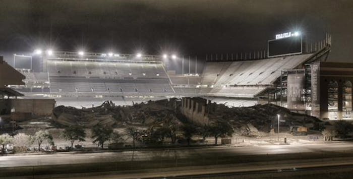 After Saturday's demolition, all that remains of Kyle Field's west side is pile of rubble. Photo via @Statboy203 on Twitter.