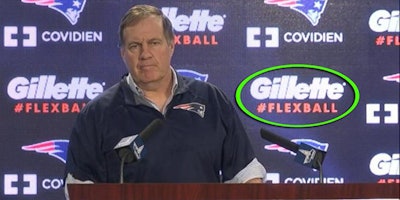 Adding to the storyline of Bill Belichick's Thursday press conference was the ironic Gilltte sponsorship featured in the background.