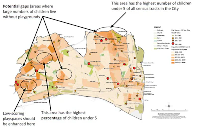 Component-based analysis with a Geographic Information System was used in a 2012 study to analyze and improve access to play spaces throughout Alexandria, Va. (Image courtesy of Design Concepts CLA, Inc.)