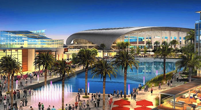 A rendering of the planned stadium and commercial development in Inglewood, Calif. where St. Louis Rams owner Stan Kroenke plans to build an NFL stadium. (Via HKS Inc.)