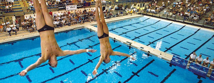 DOUBLE DIP Featuring 1-, 3-, 5-, 7- and 10-meter platforms, the St. Peters (Mo.) Rec-Plex hosted the Olympic Festival in 1994 and the Olympic Diving Trials a decade later. (Photo Courtesy of Counsilman-Hunsaker)
