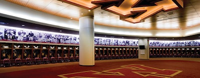 The University of Minnesota football locker room at TCF Bank Stadium wows visitors with its sheer size. (Photos Courtesy of Populous)