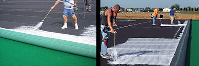 Bonding turf to shock-absorbent underlayments. (Foam pad, left, elastic layer, right.)