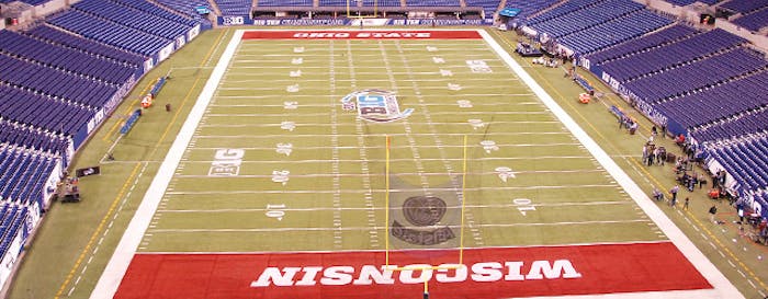 TWO-POINT CONVERSION Removable synthetic turf allowed Lucas Oil Stadium to change from the home of the NFL's Indiapolis Colts to the site of the 2014 Big Ten Conference football championship. (Photo Courtesy of FieldTurf)