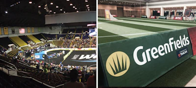 WAVE OF THE FUTURE From arena floor to trade show floor, temporary turf in Milwaukee (left) and Baltimore.(Left: Photo Courtesy of SporTurf) (Right: Photo Courtesy of Greenfieldsusa)
