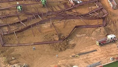 An arial shot of the collapsed athletic facility at Argyle High School. (Photo via @TexomasHomepage on Twitter)