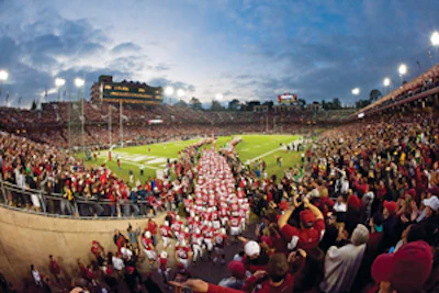 CLOSE GAMES Stanford Stadium’s reconstruction eliminated 35,000 seats, removed a field-level track and decked the upper bowl. (Photo by John Todd/ISI Photos, courtesy of Stanford University Athletics)
