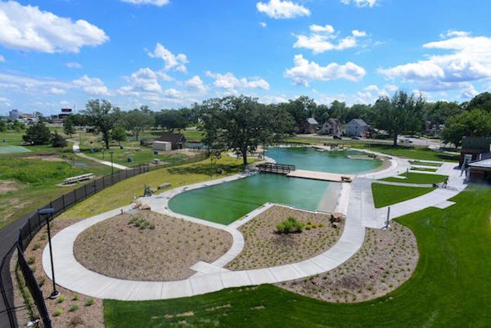 Aerial view of the Webber Park Natural Swimming Pool. Courtesy of the Minnesota Parks & Recreation Board.