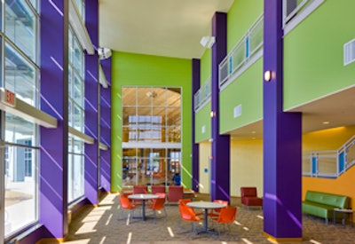 Highly saturated and bright colors are most successful when applied in high-energy, high-activity areas, rather than in more passive or social gathering and meeting spaces where the general atmosphere is more relaxed. - Click here to see more