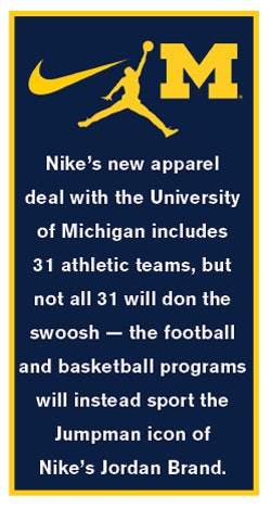 Nike's New Apparel Deal With The University Of Michigan Includes 31 Athletic Teams, But Not All 31 Will Don The Swoosh — The Football And Basketball Programs Will Instead Sport The Jumpman Icon Of Nike's Jordan Brand