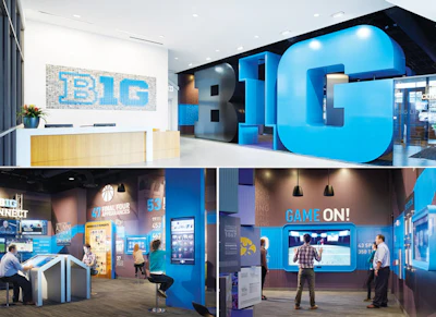 Interactive displays, including these found at Big Ten Conference headquarters in Rosemont, Ill., can create a two-way “conversation” between the organization and its fans. [Photos courtesy of Dimensional Innovations] - Click to enlarge