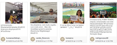 Some fans at the Summer Olympics in Rio used social media to show their displeasure with Brazil interim president Michel Temer. The phrase 'Fora Temer” translates to “Temer Out.' [Images courtesy of Geofeedia]