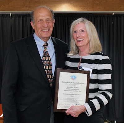 Gretchen Kelsey Brown, co-founder of Athletic Business magazine and chief executive officer of Athletic Business Media, Inc., recently was presented the United States Sports Academy’s 2016 Distinguished Service Award by Academy trustee Dr. Nick Niccolai during the Academy’s 32nd annual Awards of Sport Program held recently on campus.