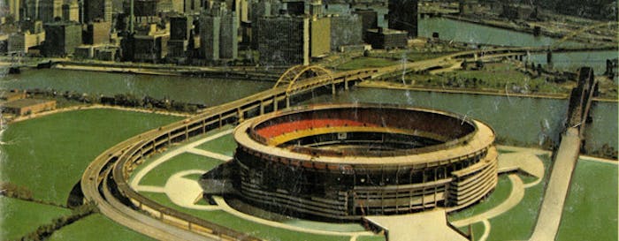 Caption: Cover of a 1971 Souvenir Book of Three Rivers Stadium, published by the Pittsburgh Pirates [Image courtesy of Tymes Remembered Tias.com]