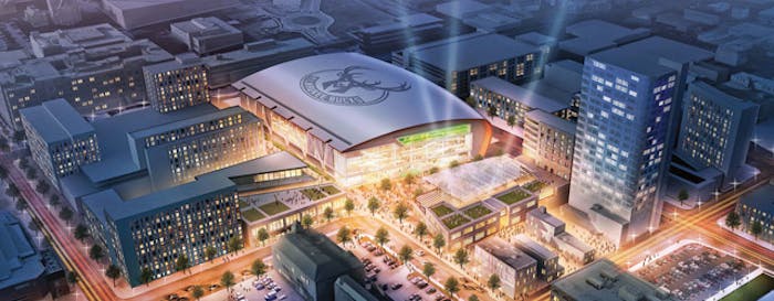 The new Milwaukee Bucks arena will incorporate smart systems to improve operational and energy efficiency. [Rendering courtesy of Populous]