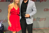Krista Popowych, Keiser Global Director of Education, and Mark Kocaba, Canadian Sales Manager, with the canfitpro award