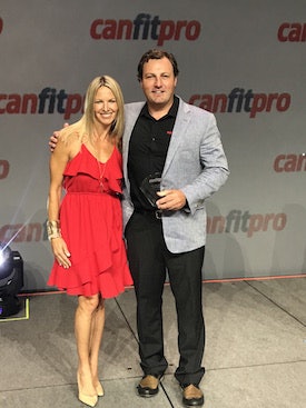 Krista Popowych, Keiser Global Director of Education, and Mark Kocaba, Canadian Sales Manager, with the canfitpro award