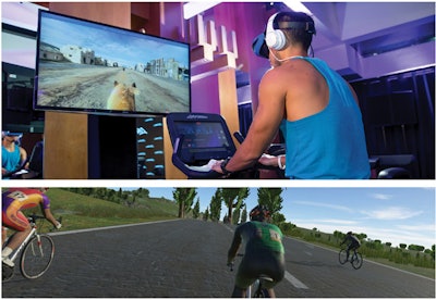Peddling is the ideal modality for moving through a gaming landscape, whether it puts the exerciser on horseback or on the saddle of a racing bike. [Photos courtesy of Life Fitness and VirZoom]