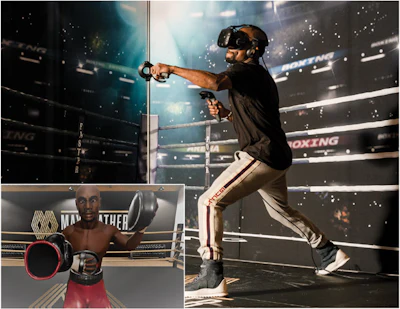 Mayweather Boxing + Fitness members train with a lifelike Floyd before taking his teachings into the virtual sparring ring.