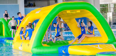 Wibit took the monkey bars from your childhood playground and recreated that idea for water. This one-of-a-kind product innovation brings a new dimension of fun to any pool. Swing and dangle like a monkey over the water. - Click to enlarge